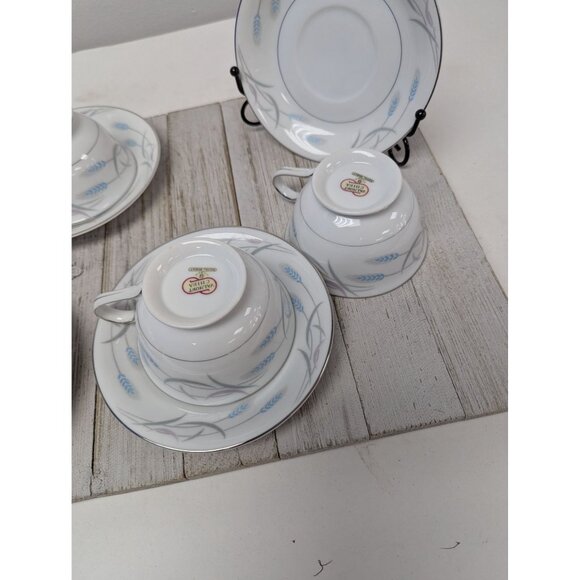 Vintage Valmont Royal Wheat Platinum Trim Set of 4 Saucers Teapcups - Picture 6 of 8
